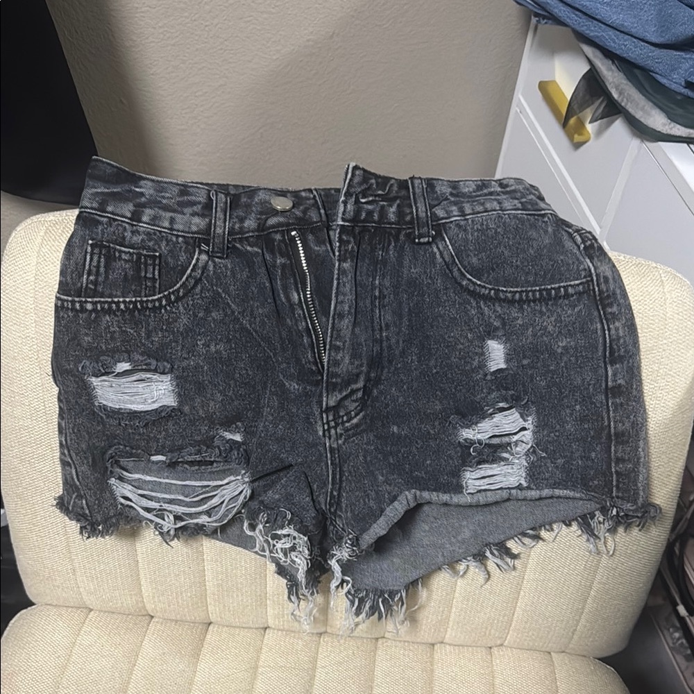 Distressed Black Denim Shorts